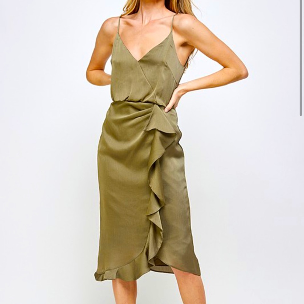 MABLE ruffled detail satin midi dress